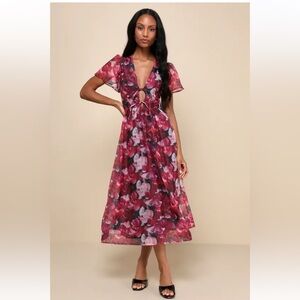 NWT Lulu's Favorite RSVP Magenta Floral Organza Tie Front Lined Midi Dress